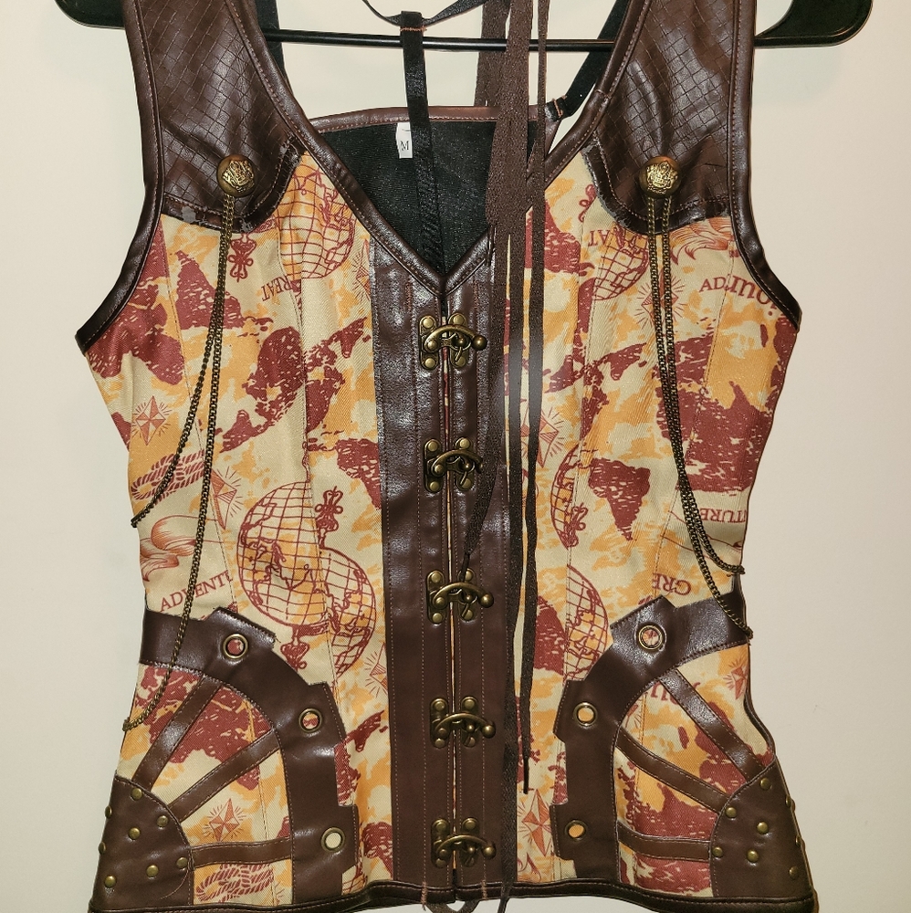 Brown Steampunk Leather Chain Bronze Corset Set